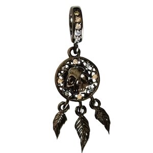 Sterling Silver Black Skull Dreamcatcher Dangle Bracelet Charm with Rhinestones